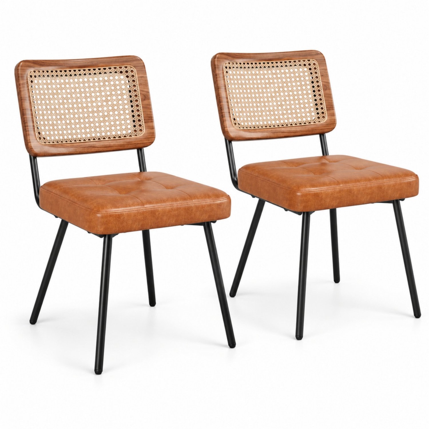 LONG DRAGON - Eetkamerstoelen - Set van 2 - Kunstleer en rotan rugleuning - Ergonomisch ontwerp - Ook als kaptafelstoel - Retro