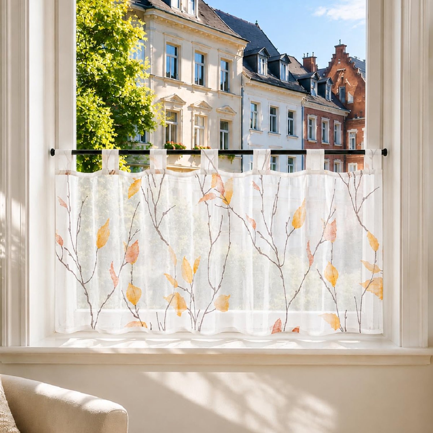 Voile Disc Gordijnen - Korte Keukengordijnen met Bloemenpatroon Oranje 45x120cm