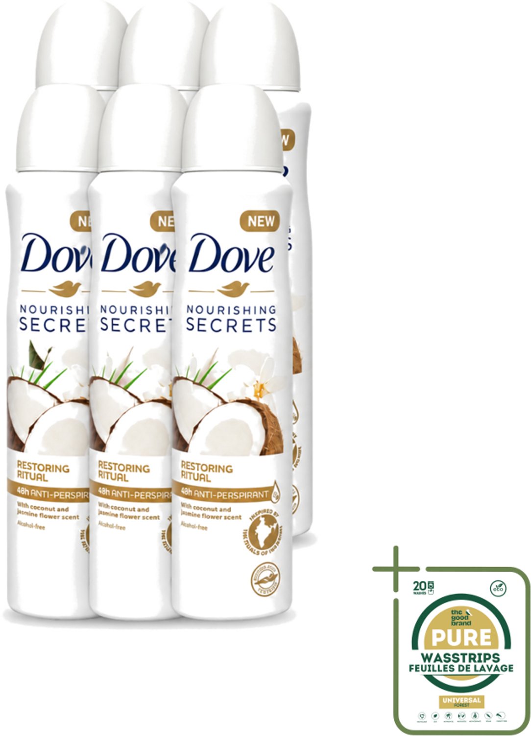 6 x Dove – Deodorant Spray – Restoring Ritual Cocos & Jasmijn – 150 ml - Wasstrips - Deodorant Spray - Kokos En Jasmijn - Alcoholvrije Deodorant - Huidverzorging - Okselverzorging