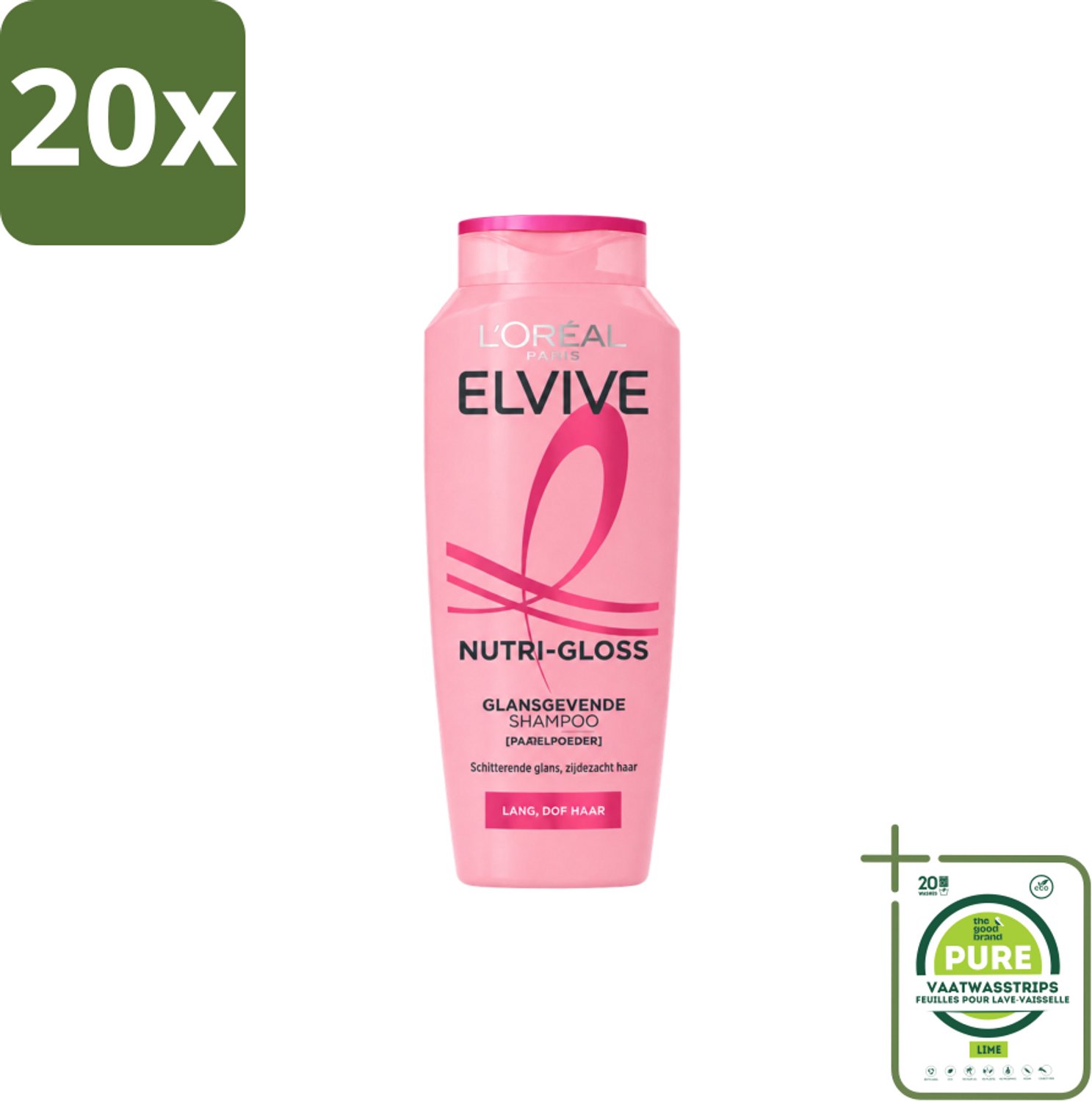 20 x L’Oréal Paris Elvive – Shampoo – Nutri Gloss – 200 ml - Grootverpakking - Vaatwasstrips - Lang Haar - Glans - Zachtheid - Parelpoeder - Haar Verzorgen