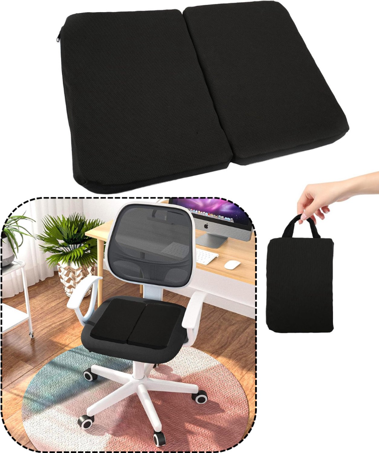 Gelkussen voor Zitontlasting - Zitkussen - Ergonomisch Kussen voor Stoel - 39x27x3 - Zwart