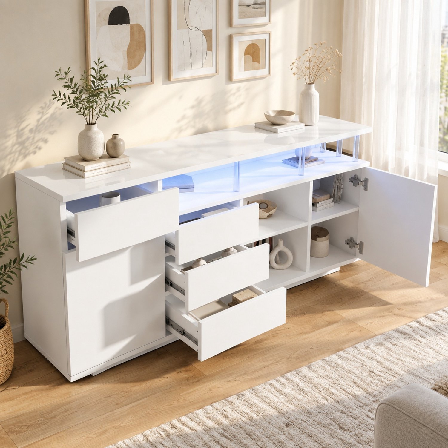 Wishdor Dressoir met LED-verlichting - 4 lades en 2 deuren - Verstelbare planken en open presentatieruimte - Acryl steunen - Woonkamer keuken en hal - MDF en acryl - Wit - 160 x 40 x 75 cm