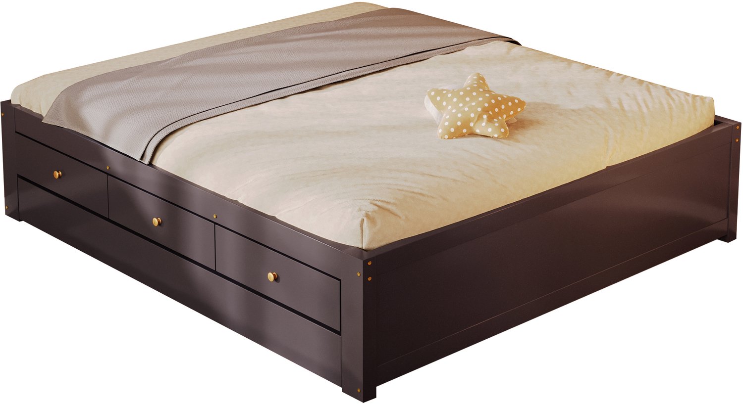 REDOM Bed 140x200 cm - Met 3 lades en uitschuifbaar logeerbed - Koffiebruin
