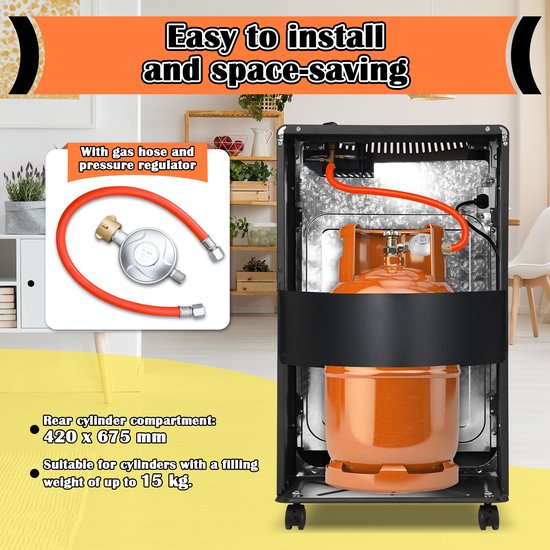 Zwarte gasradiator met gasfles, gasregulator en slangen. Afmetingen van het achterste compartiment: 420 x 675 mm.