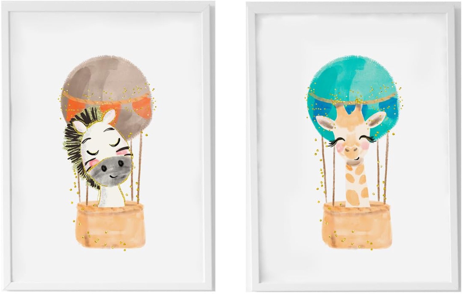 Set van 2 Kinderkamer Posters - Zebra en Giraffe met Ballon