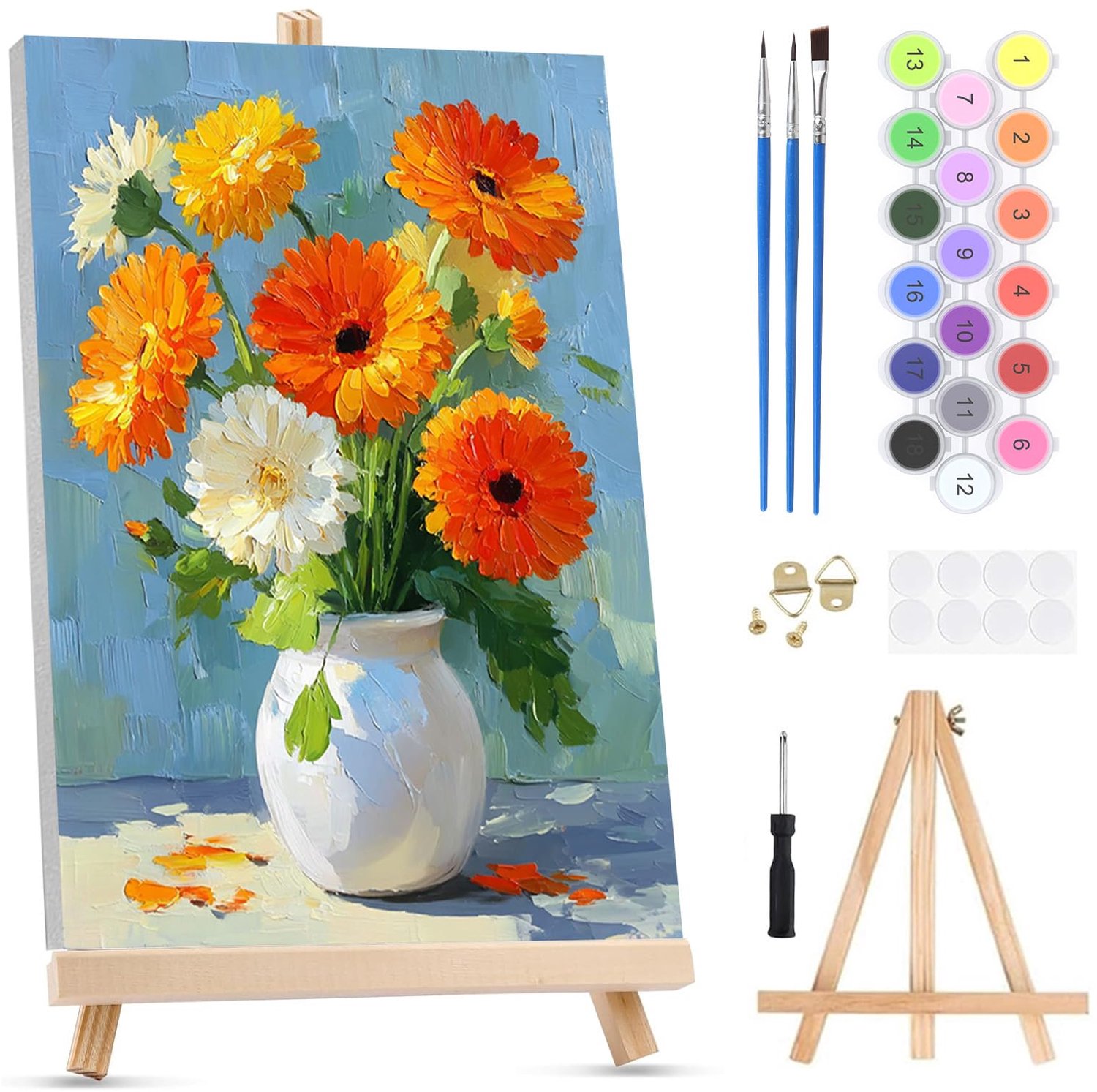 Schilderen op Nummer Kit voor Volwassenen - Gerbera Bloem op Verfdoek met Houten Easel