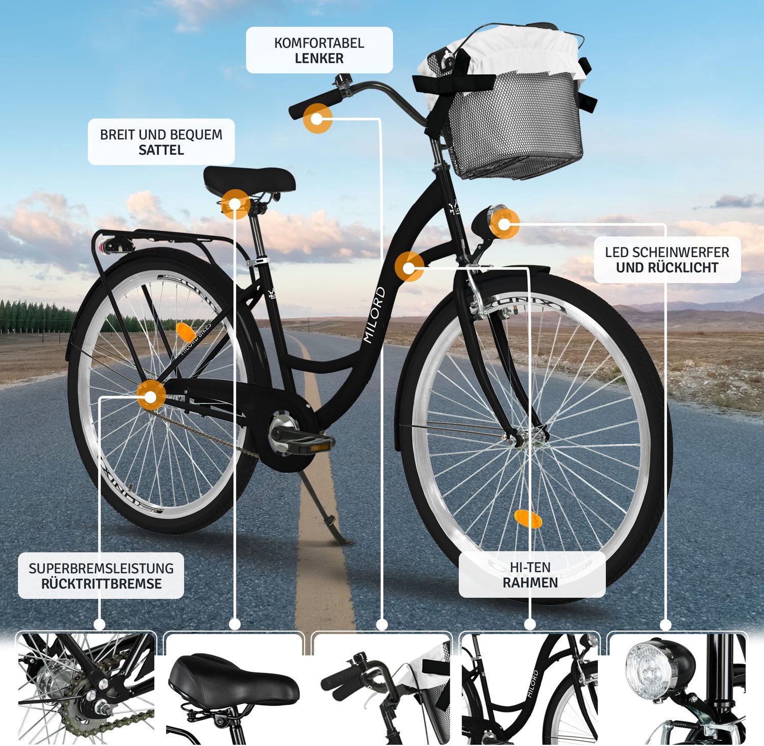 Milord damesfiets stadsfiets 28 inch met mand 1 versnelling zwart frame