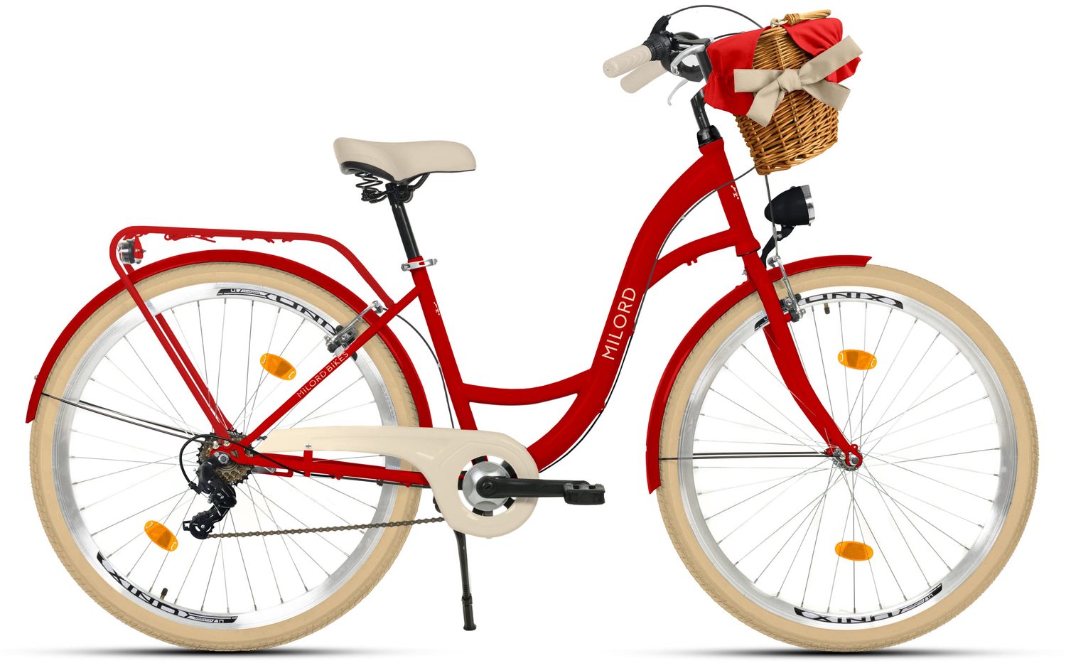 Milord damesfiets 28 inch stadsfiets met 7 versnellingen en rieten mand rood frame