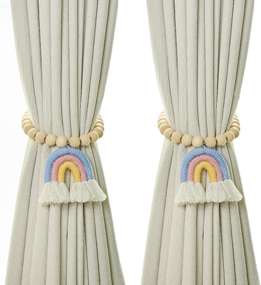 Dailygoods- Embrasses met Regenboogkwasten - Magnetische Embrasses - Gordijn Clips - Decoratief - Natuurlijk Katoen - 2 Stuks - 26 x 2,7 cm - Gordijnc