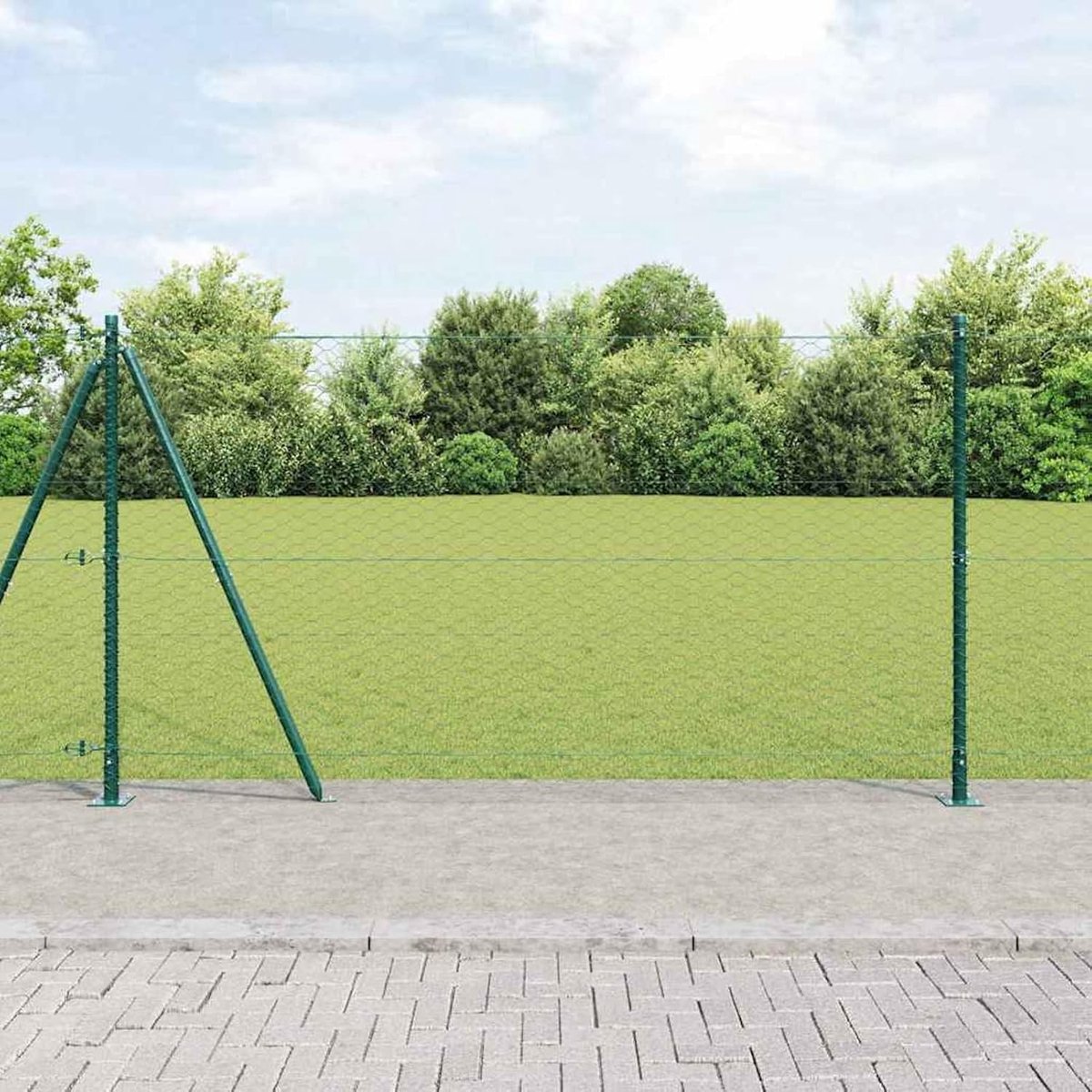 Zeshoekige omheining, groen, 1,2 x 50 m, hekpalen met bodemplaat 13 stuks Ø 32 mm 68,5 cm verzinkt staal, hekstangen metalen palen voor draadhekken, tuinhek, wilgenhek, buitenschutting