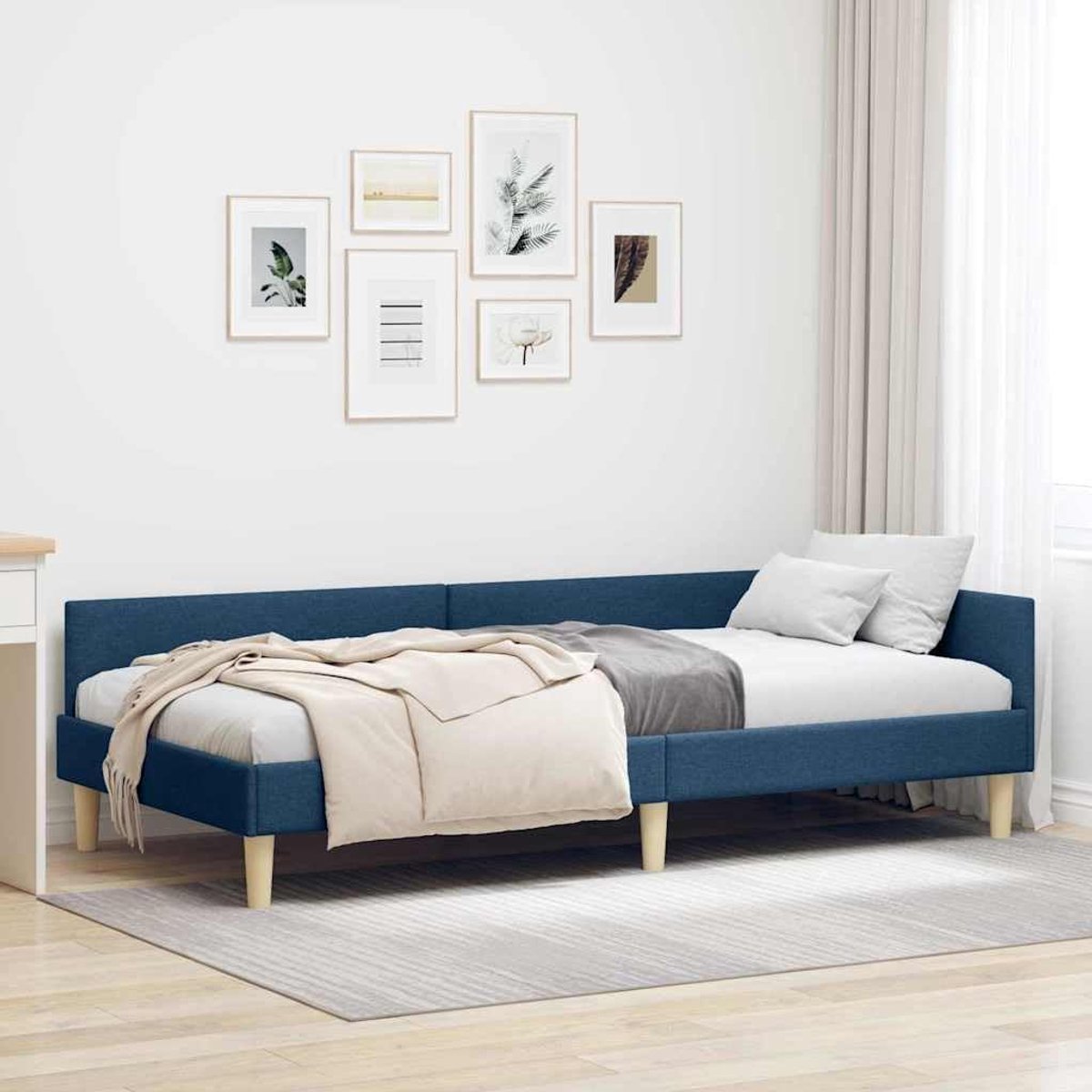 Hoekbedframe met hoofdeinde, blauw, 80 x 200 cm, stof, dagbed, bankvervanging, L-vormig hoekbed, lattenbodem, ademend, minimalistisch, ruimtebesparend, voor woonkamer en logeerkamer