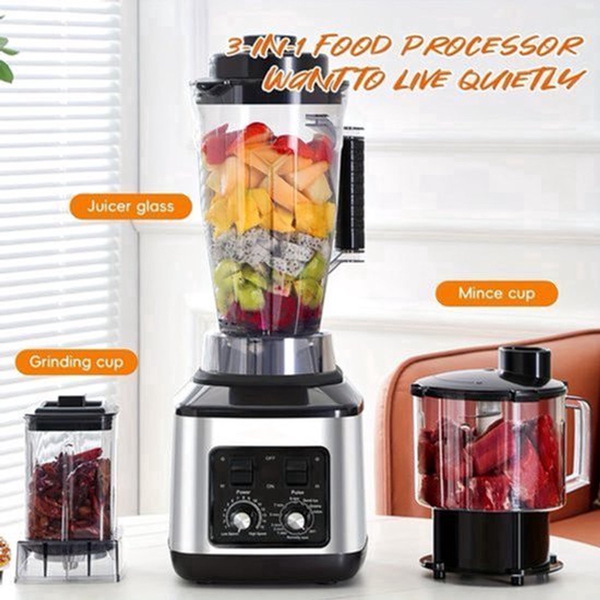 3-in-1 Elektrische Blender – Multifunctionele Mixer – Sapcentrifuge – Smoothiemaker – Keukenmachine – 9500W Krachtige Motor – 3L, 1,5L en 0,5L Containers