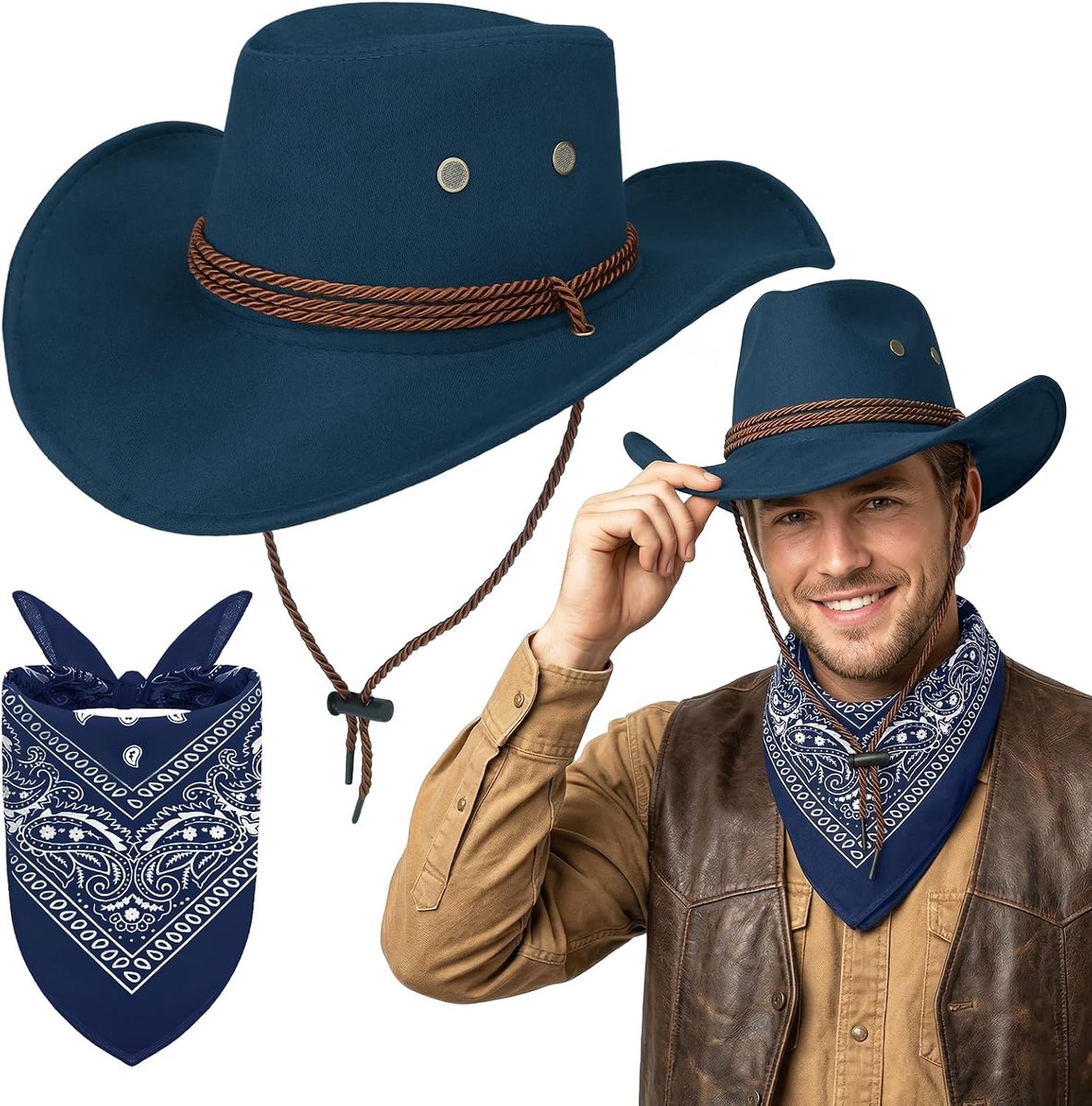 2 stuks cowboyhoed & bandana-set, western cowboy kostuum accessoireset met cowboyhoeden paisley bandana voor heren dames carnaval Halloween westthemafeest cosplay