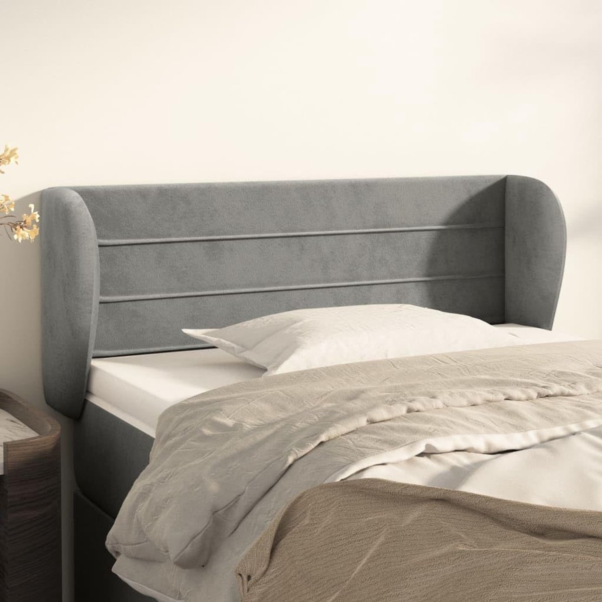 Hoofdsteun met oren, lichtgrijs, 93 x 23 x 78/88 cm, fluwelen hoofdeinde voor slaapkamer, slaapkamermeubels, hotels