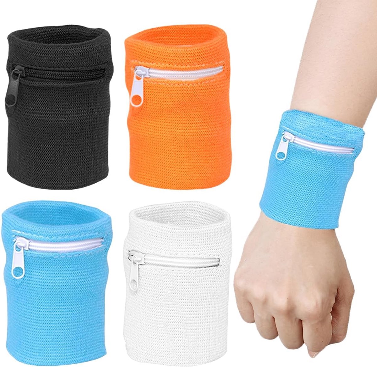 4 stuks sportmanchetten met ritszak, polstas, zweetarmband, sport-sleutels, polstas voor dames en heren, zweetbanden voor wandelen, hardlopen, fietsen, yoga