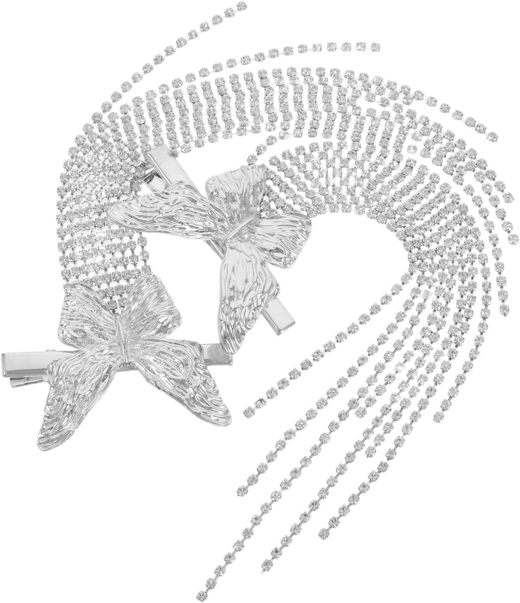 2 Stuks Vlinder Haarclips met Sprankelende Kwastjes Metalen Alligator Haarspelden voor Bruiloft Verjaardag Feest Zilveren Decoratieve Haaraccessoires voor Dames Meisjes