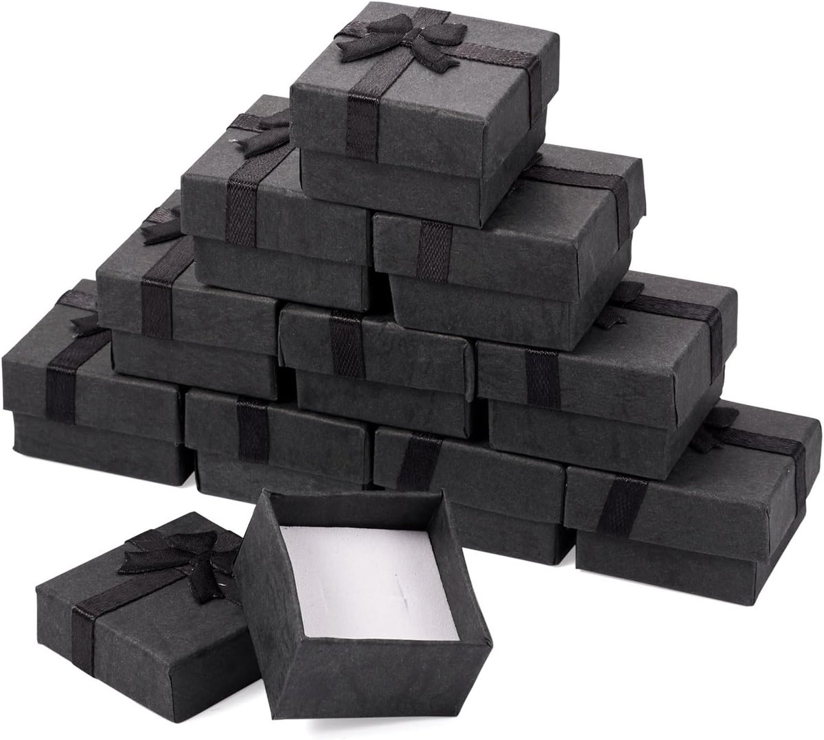 Dailygoods- Kartonnen Dozen 12 Stuks - Kleine Dozen met Deksel - Vierkante Sieradendoos - Zwart - Voor Ringen/Oorbellen - Beschermend met Spons