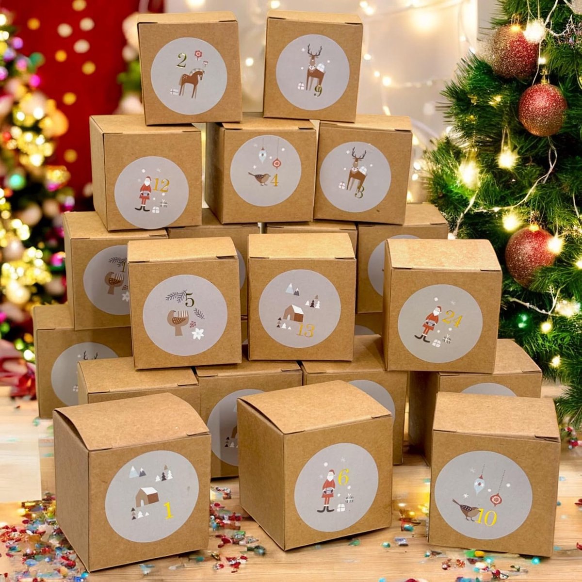 Dailygoods- Adventskalender Doe-Het-Zelf - 24 Dozen - Natuurlijke Kleuren - Cijferstickers - 5 x 5 x 5 cm - Perfect om te Vullen - Kalender