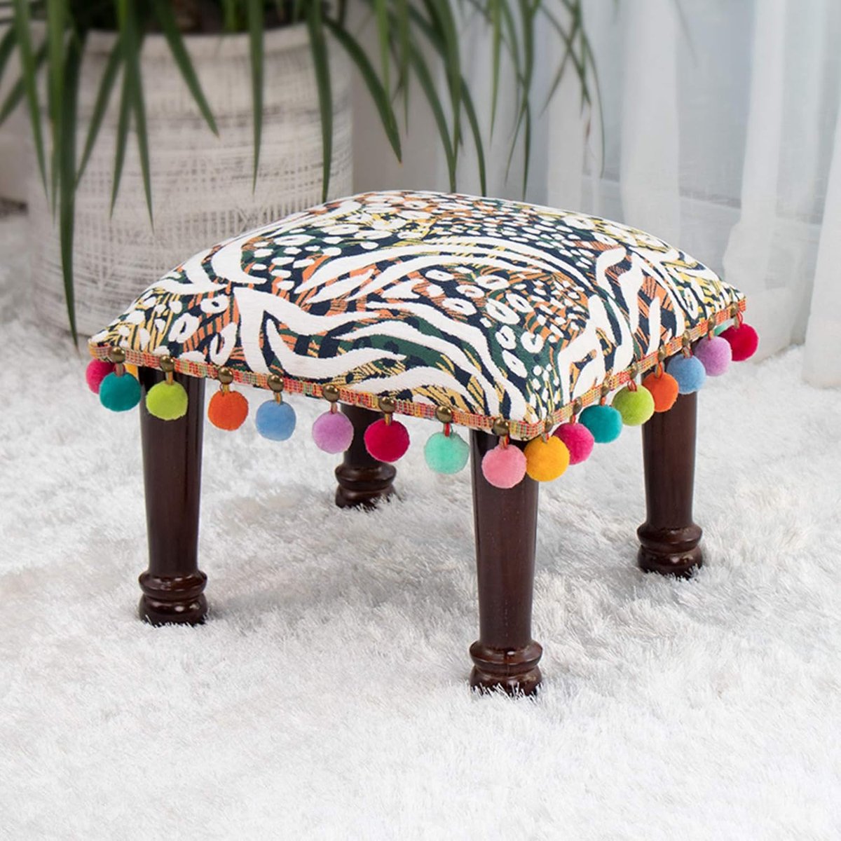 Bandezid Bohemen Ottomaanse Ottomanen, Bank Vierkante Voetbank, Stof Lage Kruk Ottomanen Bank Met 4 Houten Benen Amerikaanse Poef Voor Woonkamer Home Decor-Zilver 38x38x30cm (15x15x12inch)