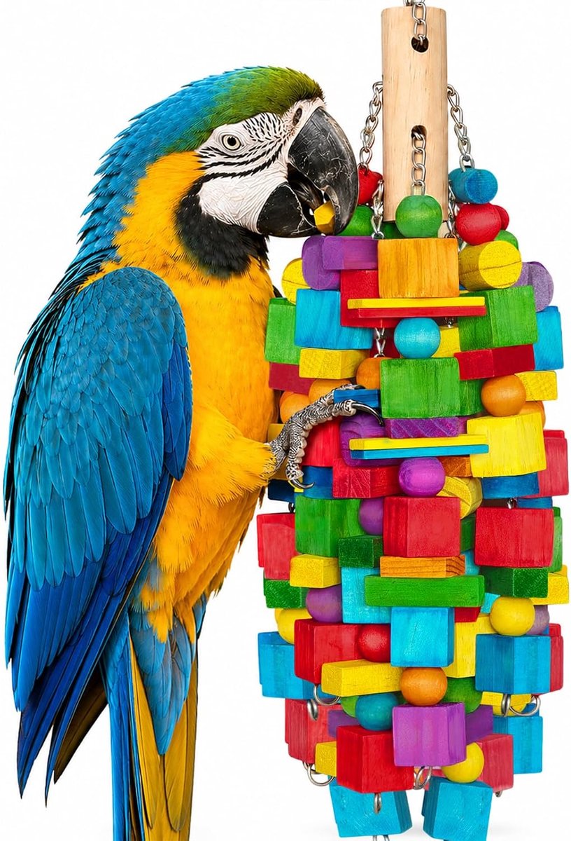 Speelgoed, 50,8 cm XL papegaaienspeelgoed, natuurlijke houten blokken, vogelkauwspeelgoed voor foerageren, roestvrijstalen ketting hangkooispeelgoed voor ara's, kaketoes