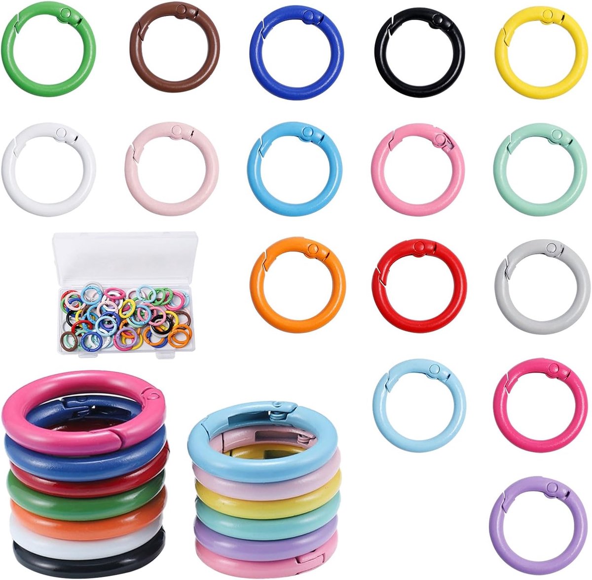 Dailygoods- Karabijnhaken 64 stuks - Ronde O-ring - Kleurrijk - Sleutelhanger - Veersplitringen - Zinklegering - Diameter 24 mm