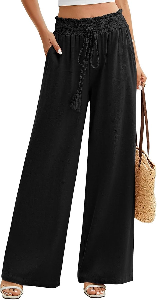 vloeiend, zomer, katoen, linnen, hoge taille, elastisch, elegant, capribroek met trekkoord, los, licht, casual, effen kleur, comfortabele casual broek