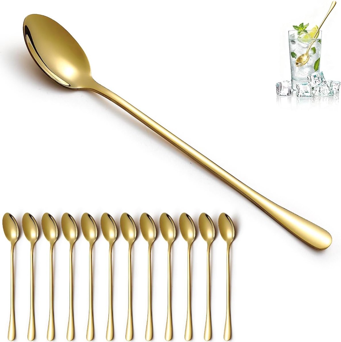 IJstheelepels met Lange Steel 19,8 cm, RVS met Titaan-Goud Bekleding voor Koffie Latte IJs Melkthee Cocktails Milkshakes Koude Dranken
