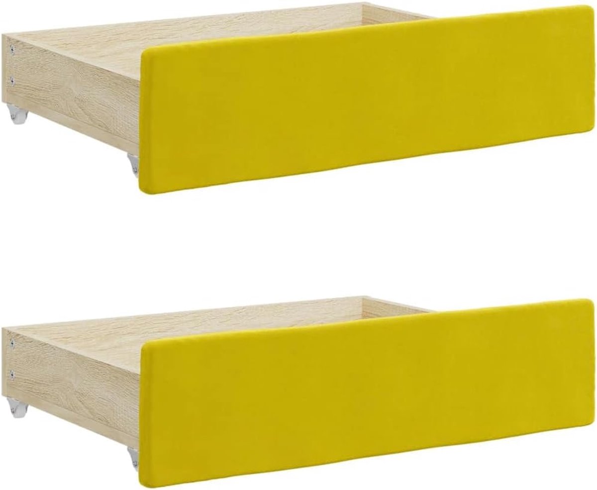 Set van 2 bedladen, geel, onderbedcommode van hout met fluwelen bekleding, oprolbare lade voor meer opbergruimte onder het bed, 67 x 50 x 16 cm