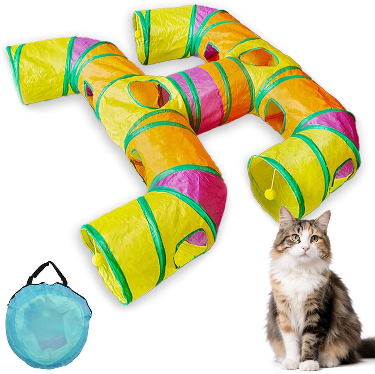 Groot, kattentunnel met hangende pompons en gaten