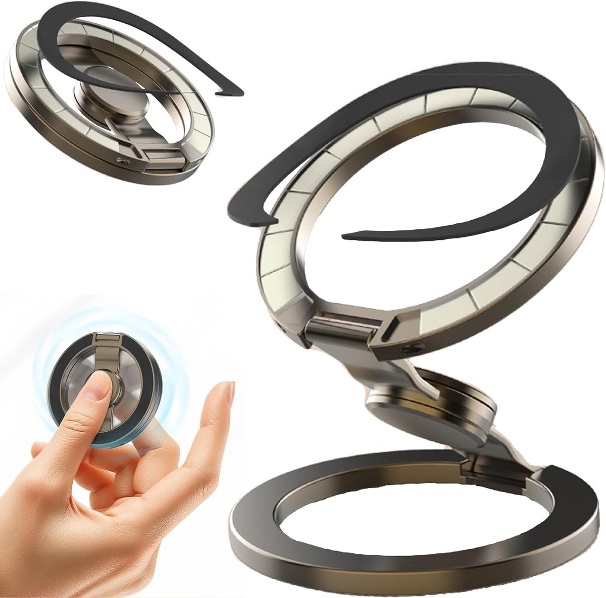 Verstelbare magnetische telefoonhouder met fidget-spinner voor iPhone 17 Air 16 15 14 13 12 Pro Max, 360° draaibare hoes, metalen vlakken, legeringsvoet (grijs)