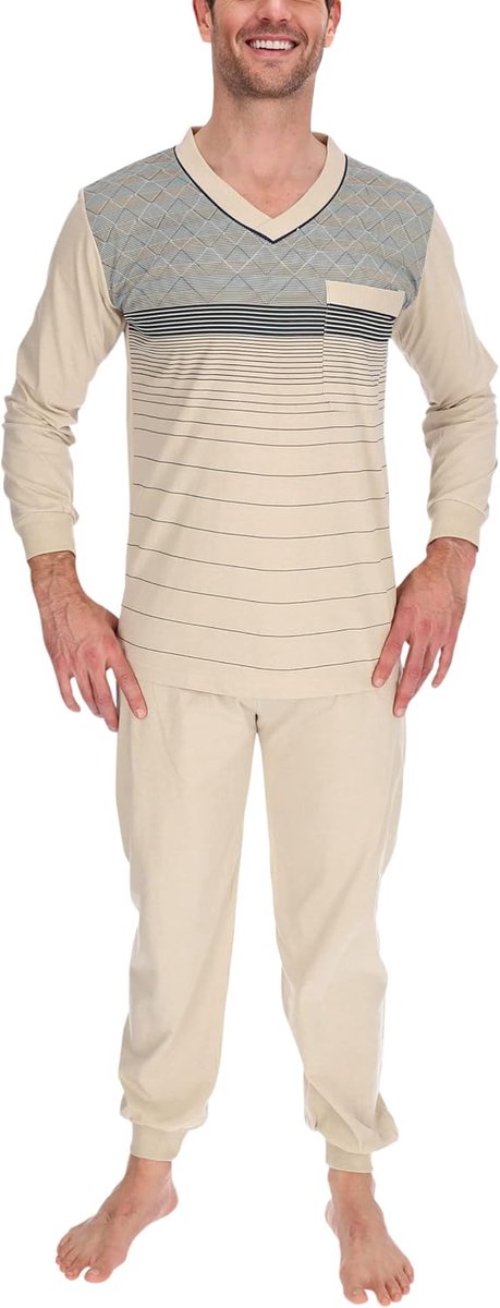Pyjama heren shirt met lange mouwen en broek, pyjama, slaapkleding, nachtkleding, maat: XXL, kleur: beige, Pyjama-lang-beige, XXL