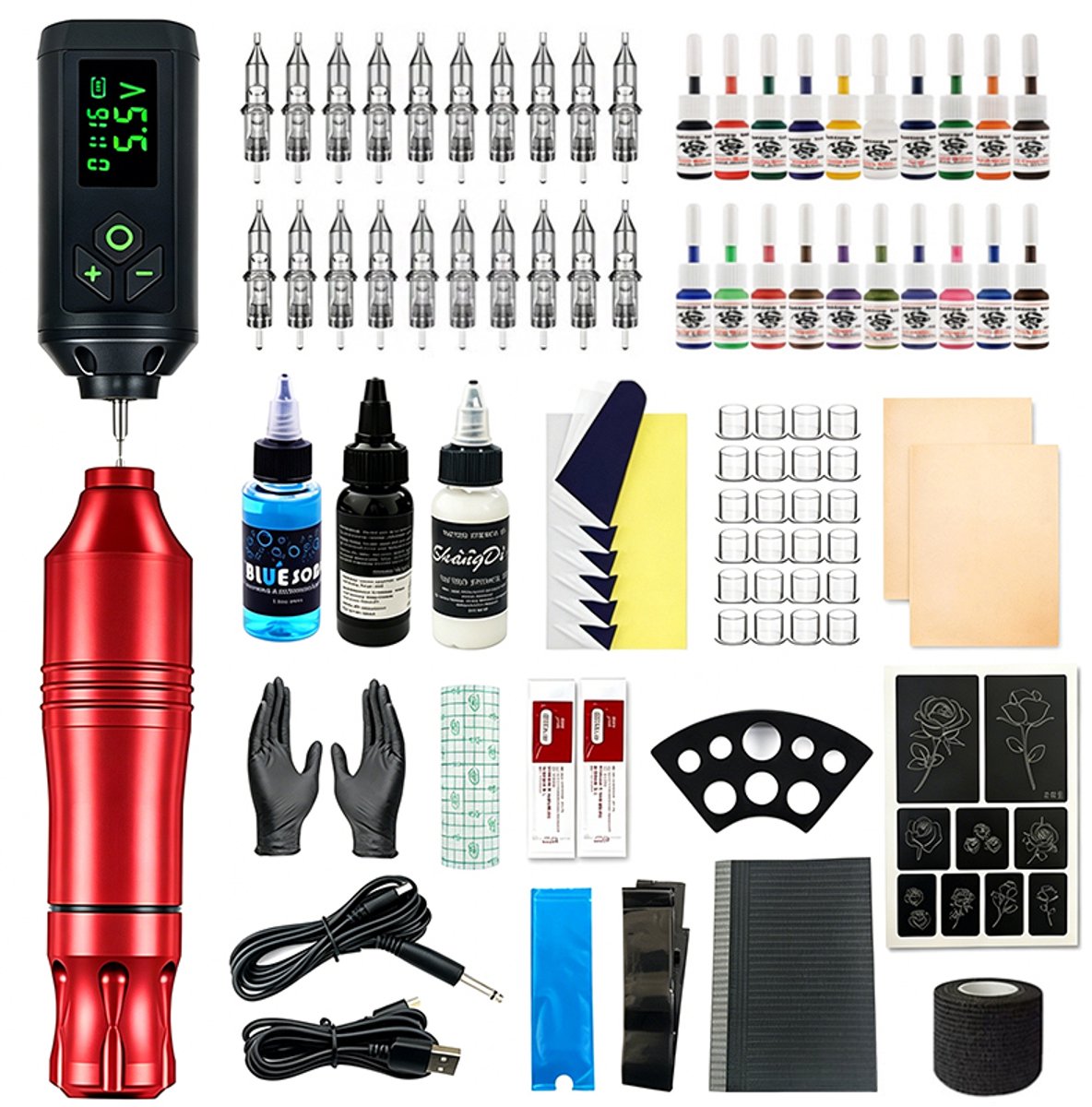 Draadloze tattoo machine starterskit - Tattoo inktset - Met LED-display - 20 tattoo inktkleuren - Tattoo machine - Tattoo pen - Tattoo gereedschapskit