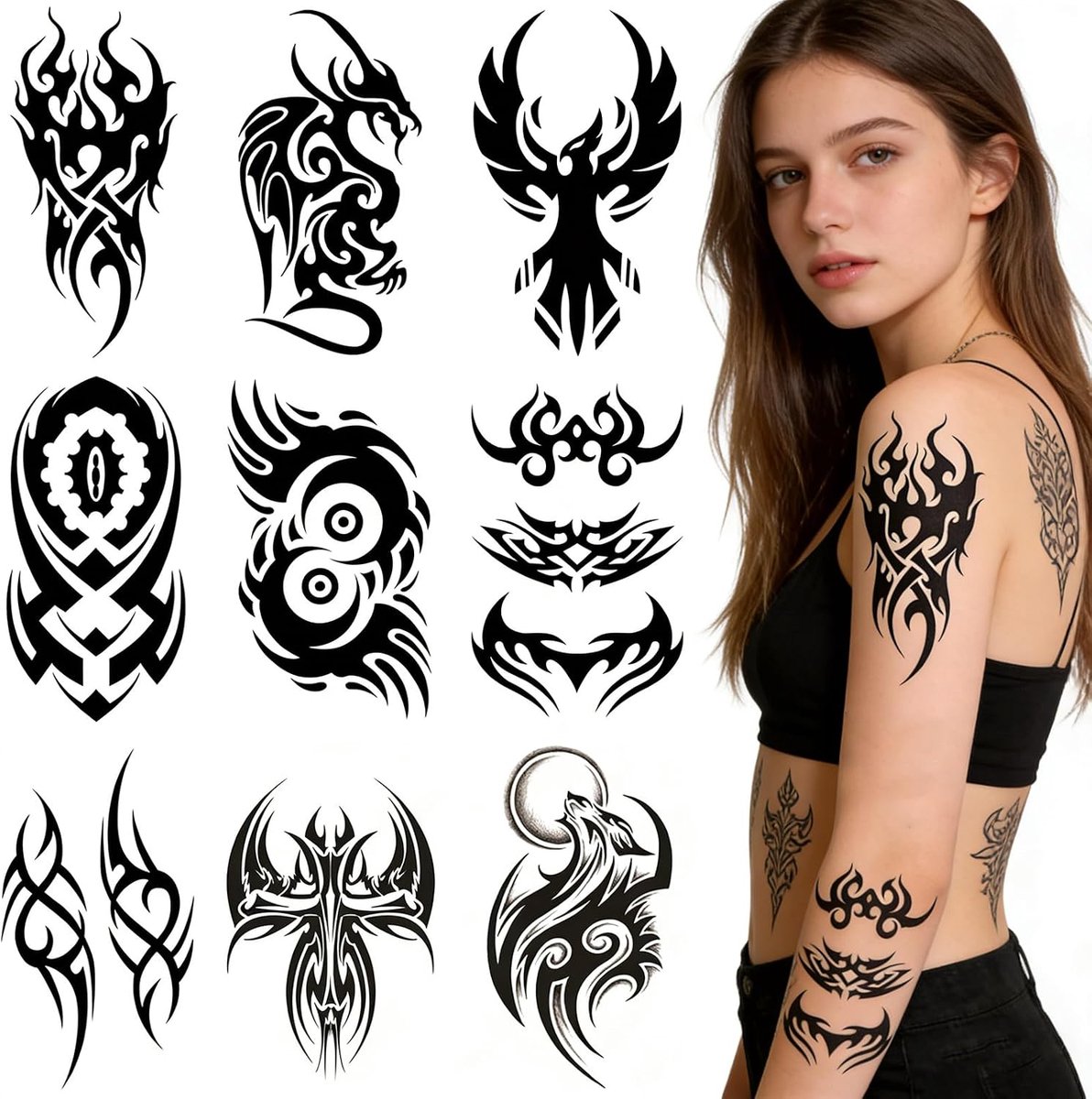 Tijdelijke Tribal Tatoeages Tijdelijke Tribal Draken Tatoeages Nep Tatoeages Halve Mouwen Tri-bal Tijdelijke Tattoo Tri-bal Body Art Sticker Voor Volwassenen, Mannen, Vrouwen