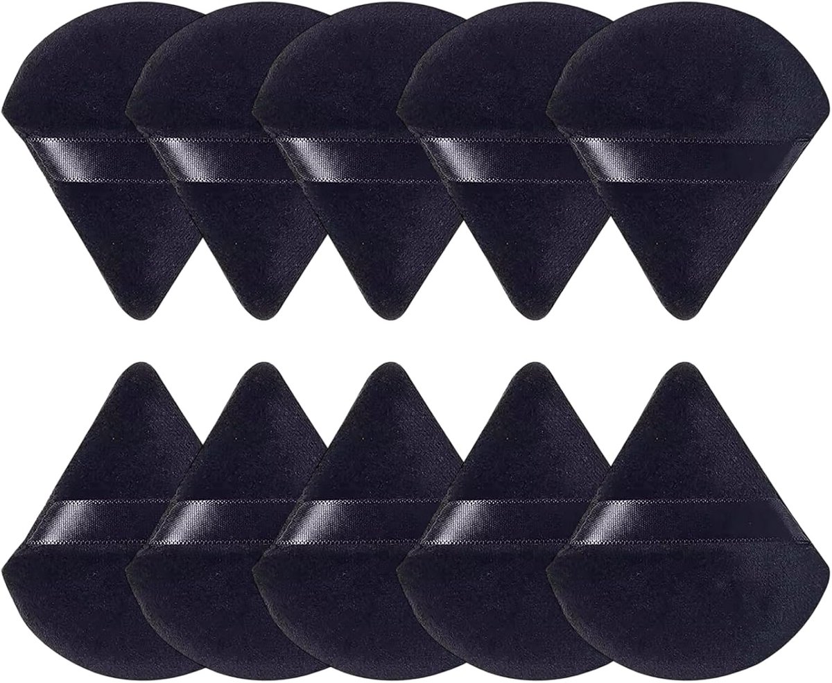 10 Stuks Make-up Spons Triangulair en Cirkelvormig, Wasbare Fluwelen Poederpuff, Droog & Nat, Inclusief Vingerlus voor Precieze Foundation- en Poederapplicatie, Zwart