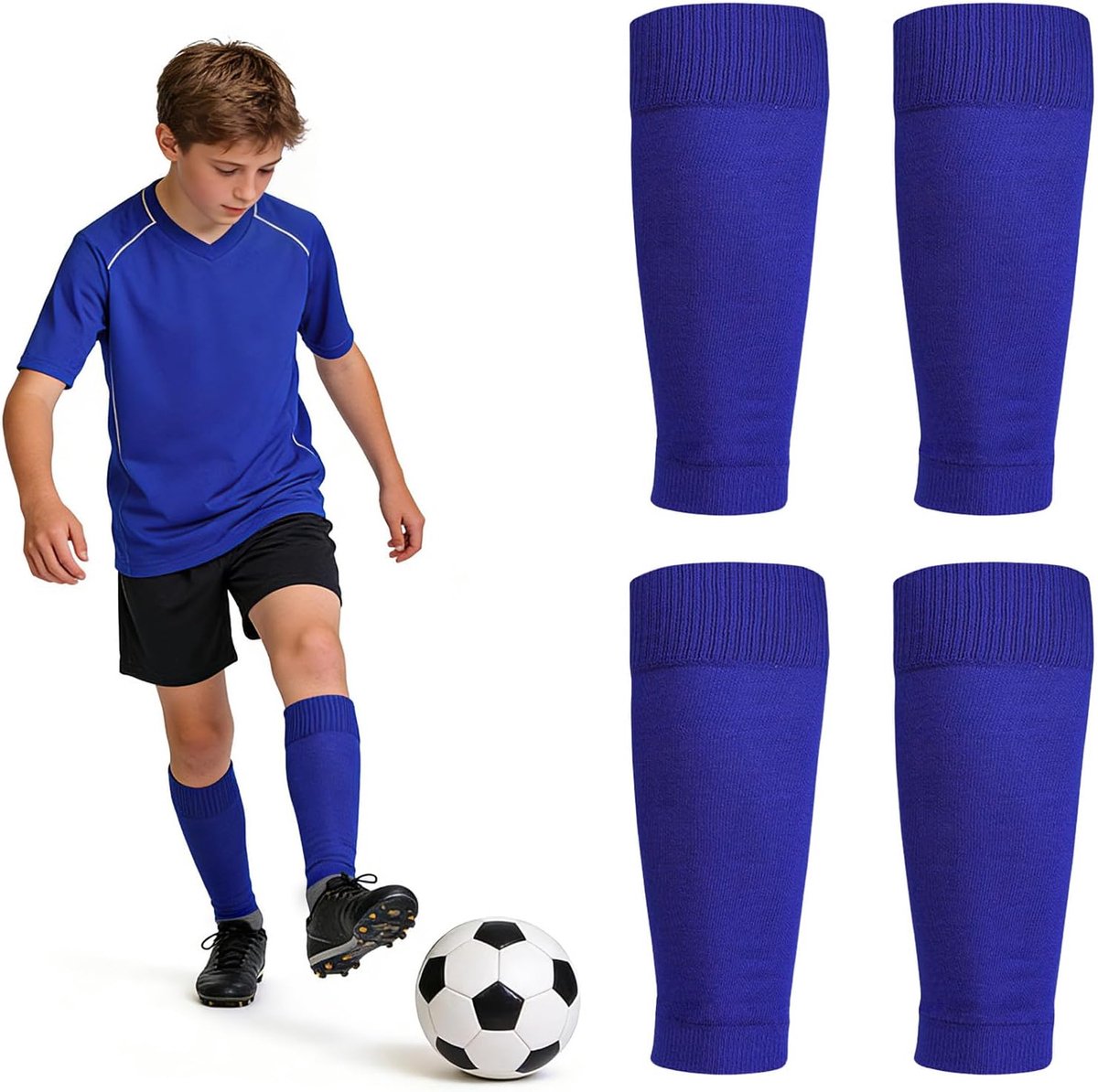 2 paar kindervoetbalsokken, blauw, ademende scheenbeschermersokken, ademende trainingssokken voor jongens/meisjes, fietsen, hardlopen, basketbal, voetbal
