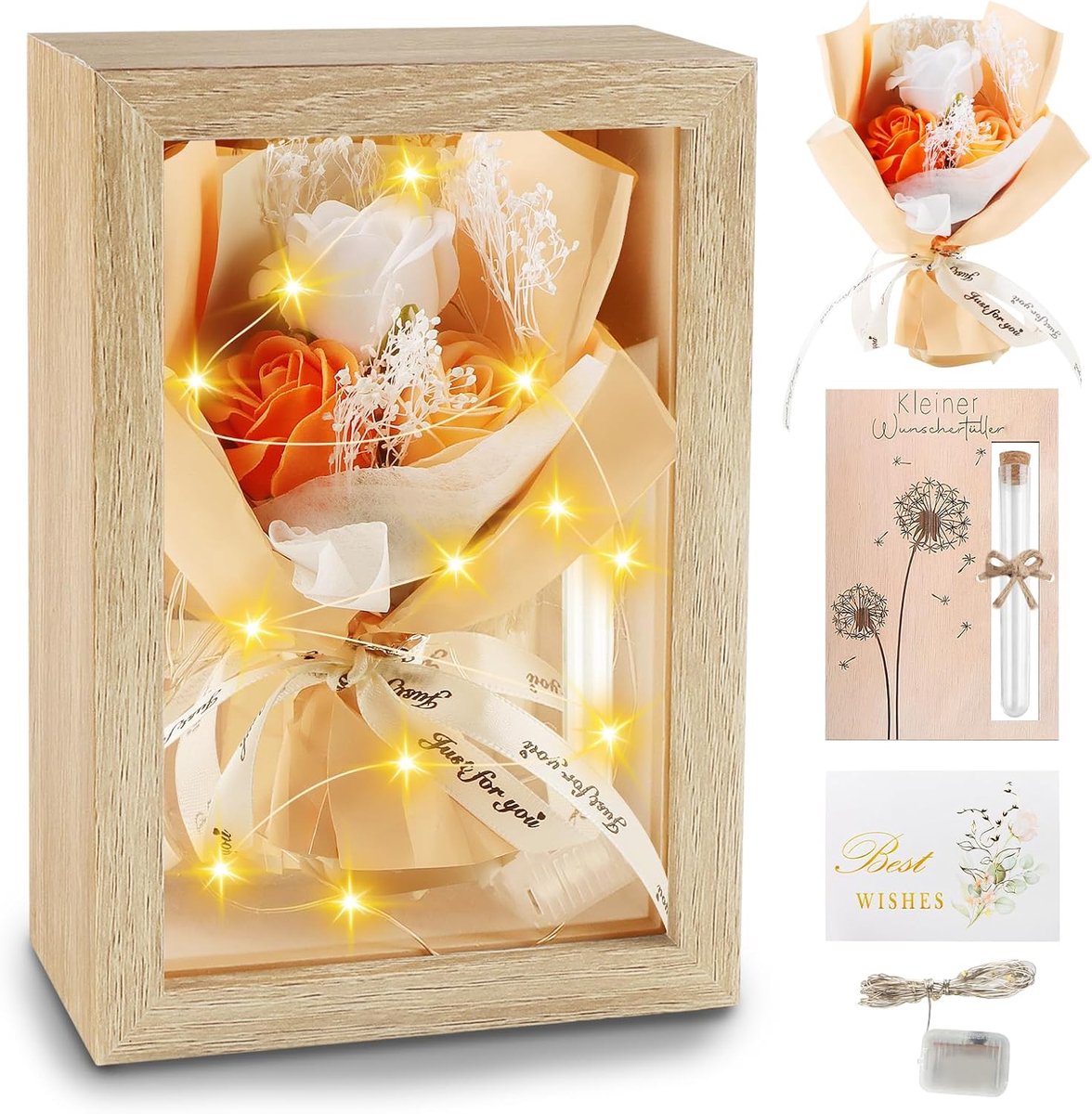 Huwelijksgeschenken voor bruidspaars, geldgeschenk bruiloft, huwelijkscadeau, huwelijksdag inclusief kunstbloemen, houten doos, kunststof reageerbuisje, lichtkettingen