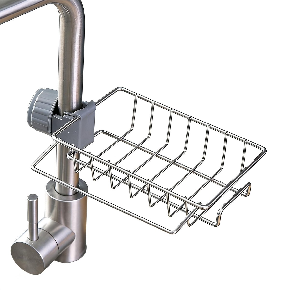 Famanu – Keukenrek zonder boren, 304 roestvrijstalen douchecaddy met handdoekstang, roestvrije gootsteenorganizer voor sponzen en vaatdoeken, clip-on kraanplank voor badkamer, hangende mand voor stijgstang, 18