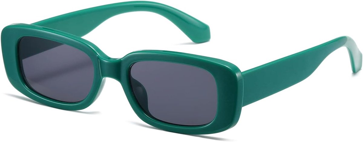 K1200 Rechthoekige zonnebril voor dames, heren, trendy, retro, modieuze bril uit de jaren 90, vintage, UV 400-bescherming, vierkant glazen, Groen frame grijze lens, Eén maat