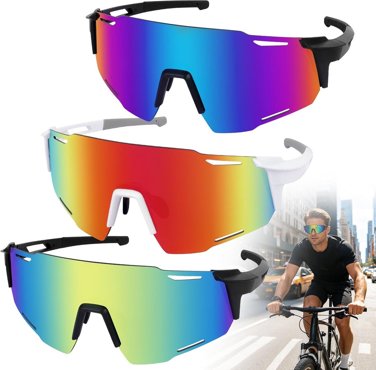 Bril, sportzonnebril heren dames, zonnebril, fietsbril, gepolariseerde fietsbril, winddicht, UV400 hardloopbril voor MTB, racefiets, fietsen, skiën, rave