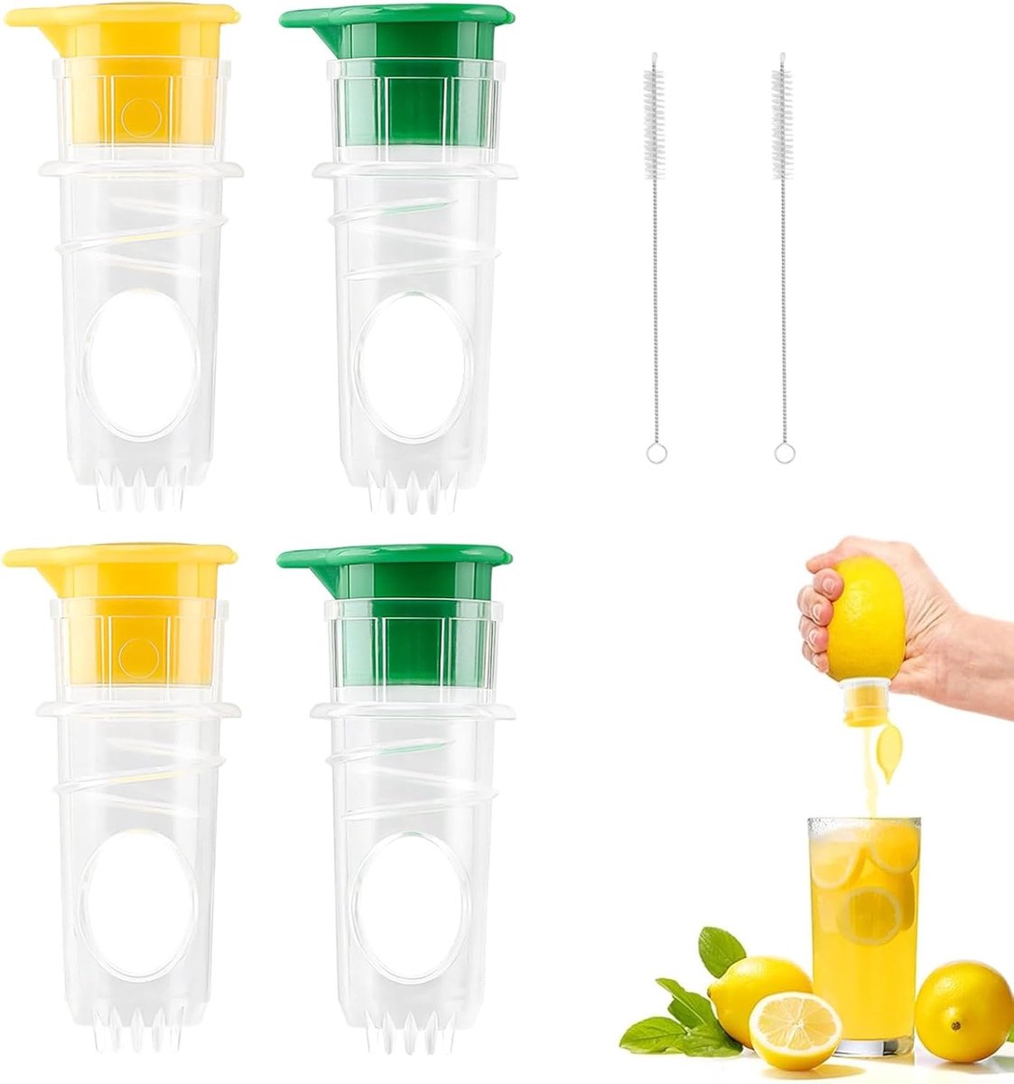 4-delige set: handmatige sappers (met deksel), draagbare citruspers voor citrusvruchten, gemakkelijk schoon te maken, ideaal voor keuken, bars, salades en zeevruchten, 2 sleufborstels
