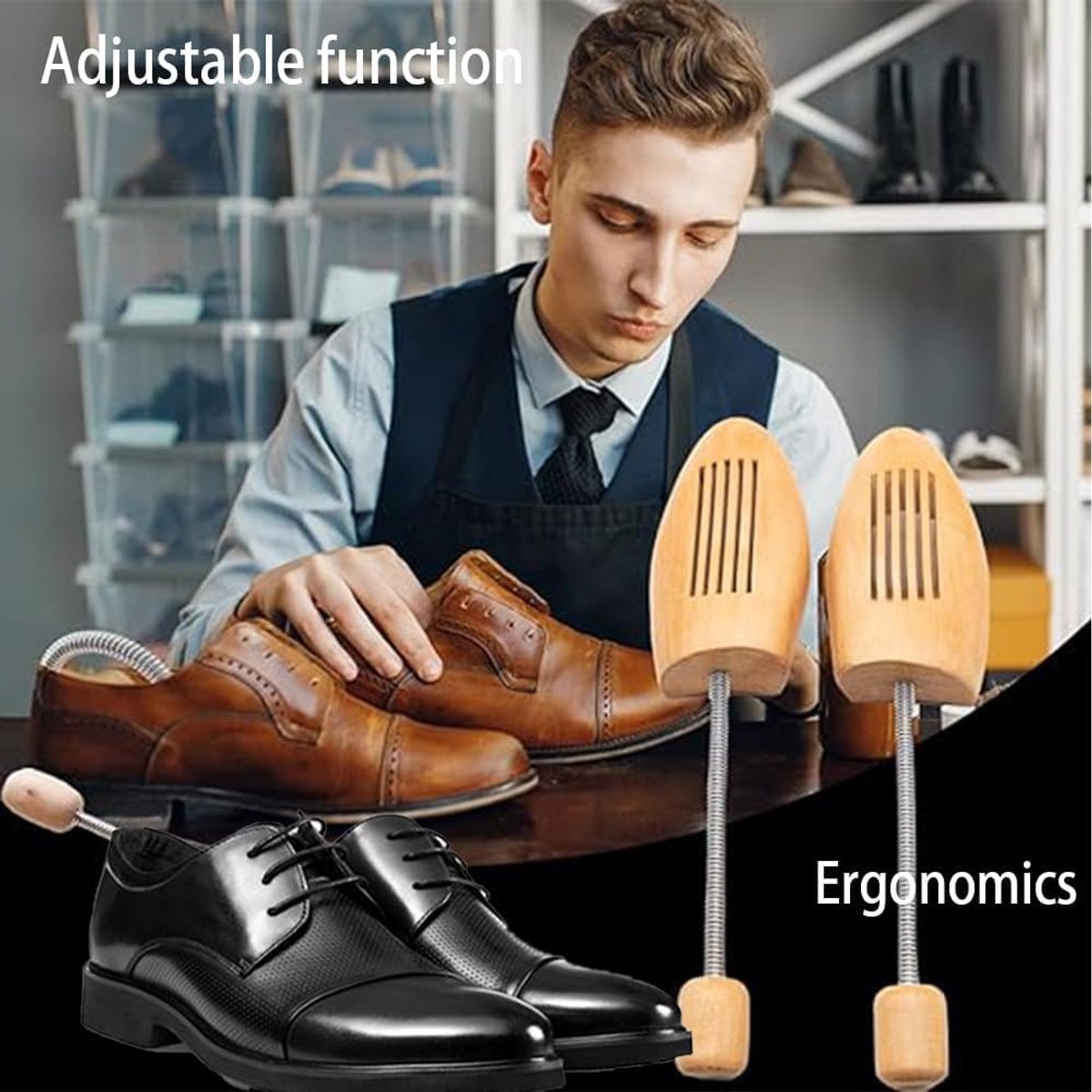 Schoenspanner voor dames en heren, schoenspanner van hout, extra sterke schoenreker, als knik- en rimpelbescherming, ademend, ook geschikt voor laarzen of sneakers, bruin, Large