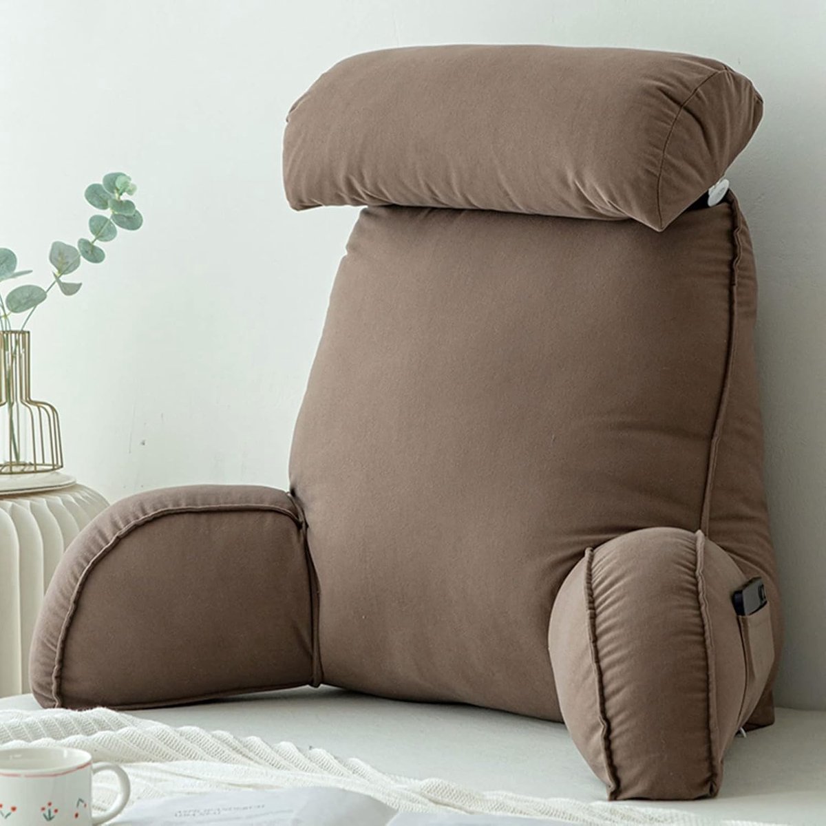 Leeskussen voor bed, lendensteunkussen, knuffelkussen, bedstoelkussen met armen, sofa taillekussen, met rond kussen, perfect om te zitten, lezen of gamen, 75 × 40 × 50 cm.