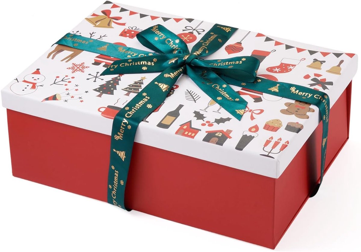 Kerstgeschenkdozen met lint 29x21x10cm wit