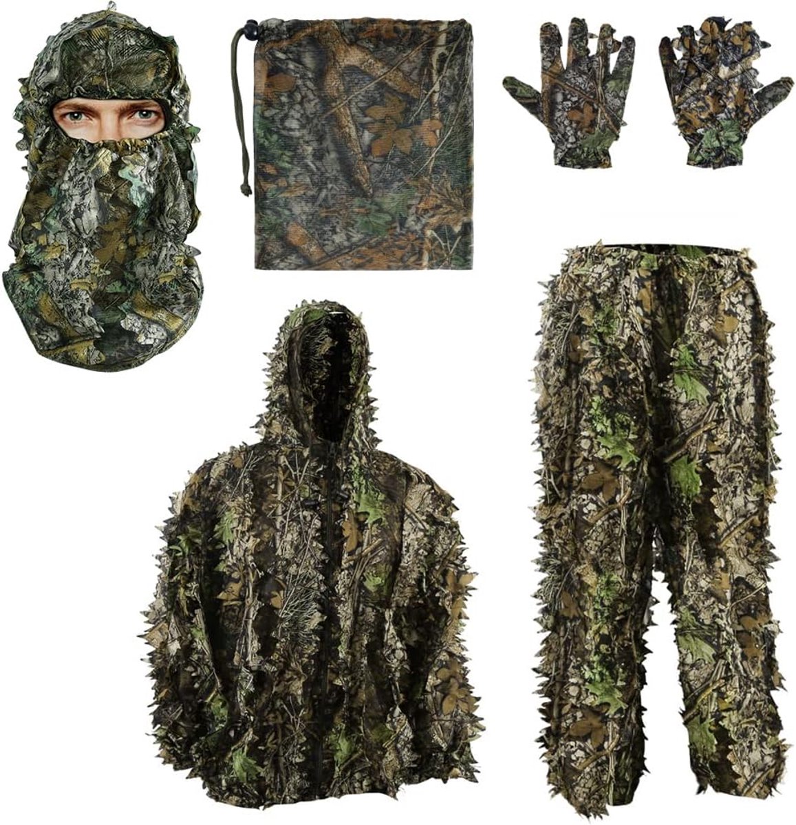 5 stuks Ghillie-pak, 3D-bladcamouflage-uniform Gilly pak, masker, handschoenen, opbergtasset, geschikt voor buitenjacht, natuurfotografie, CS Game