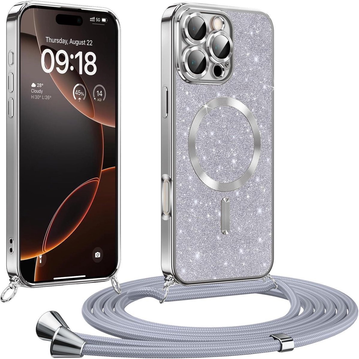 Telefoonhoesje met koord voor iPhone 16 Pro Max, glitter, compatibel met MagSafe, volledige bescherming, krasbestendig, schokbestendig, beschermhoes met verstelbare ketting, zilver