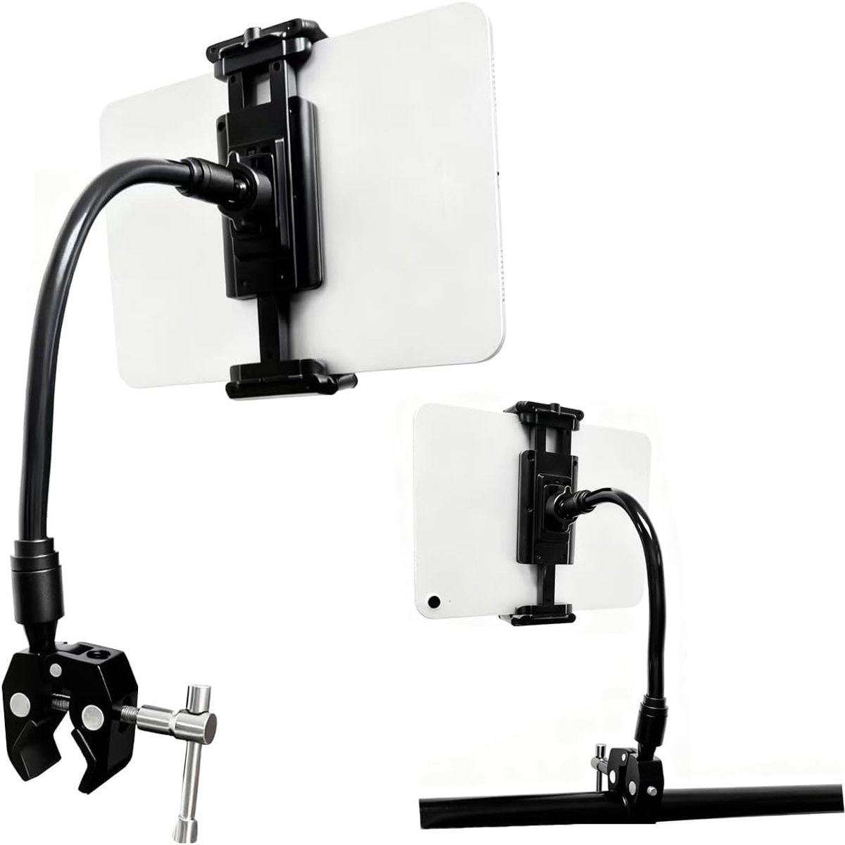 Tablethouder, 360° verstelbaar, voor loopband, spinning-bike, kinderwagen, rolstoel, golfwagen, stangen met flexibele zwanenhals arm voor iPad, telefoons en tablets van 12-25 cm