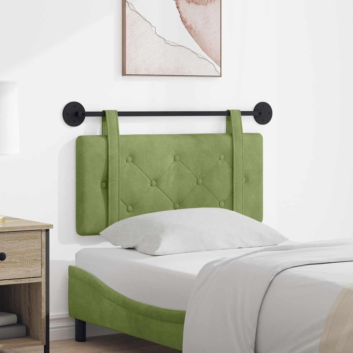 Hangend hoofdeinde in lichtgroen van fluweel met knooppatroon, rechthoekige vorm, wandmontage, houten frame, onderhoudsvriendelijk