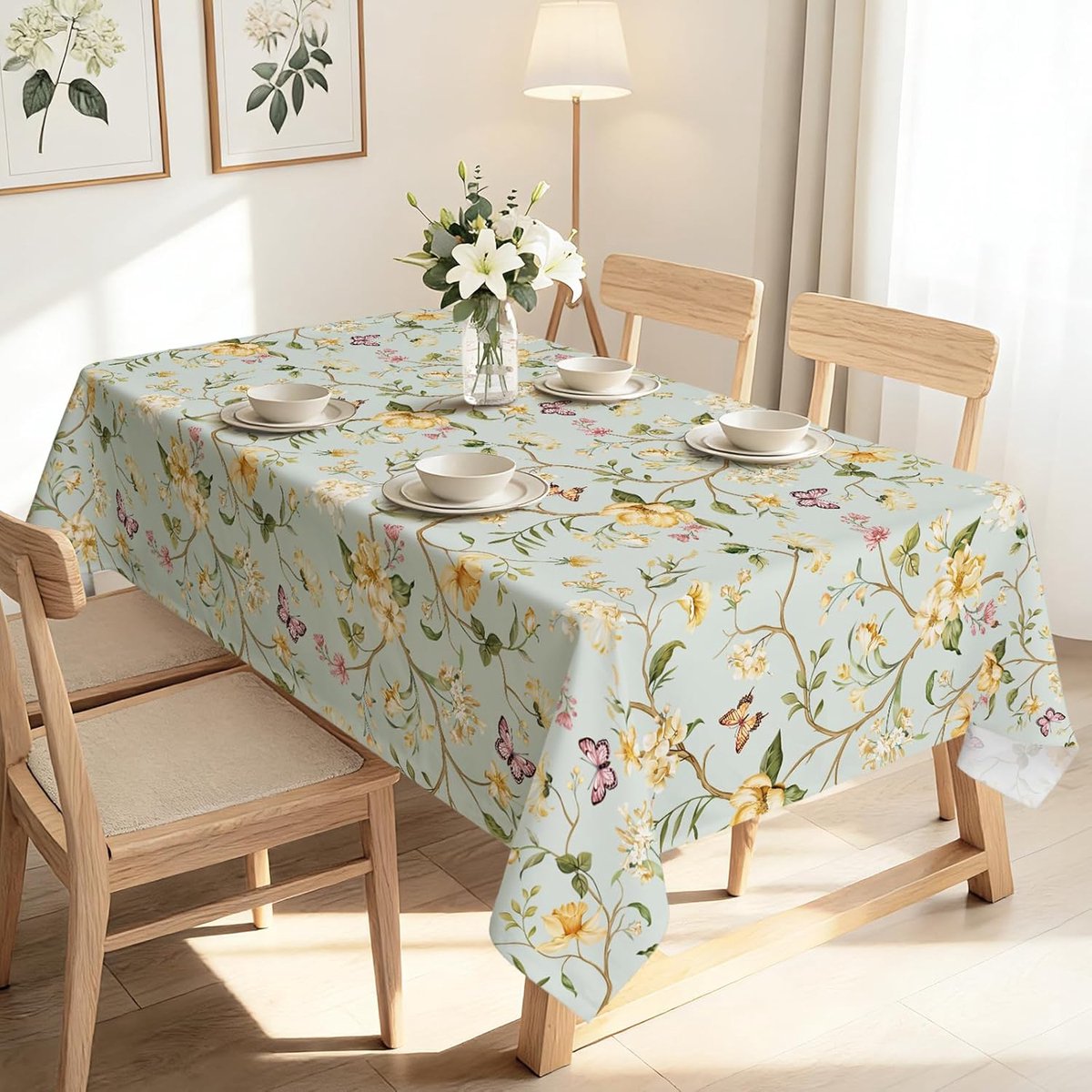 Tafelkleed, vuilafstotend, bloemen, bladeren, lente, zomer, wasbaar, waterdicht, polyester, voor eetkamer, tuin, feest, bruiloft of huis, groen, 140 x 200 cm