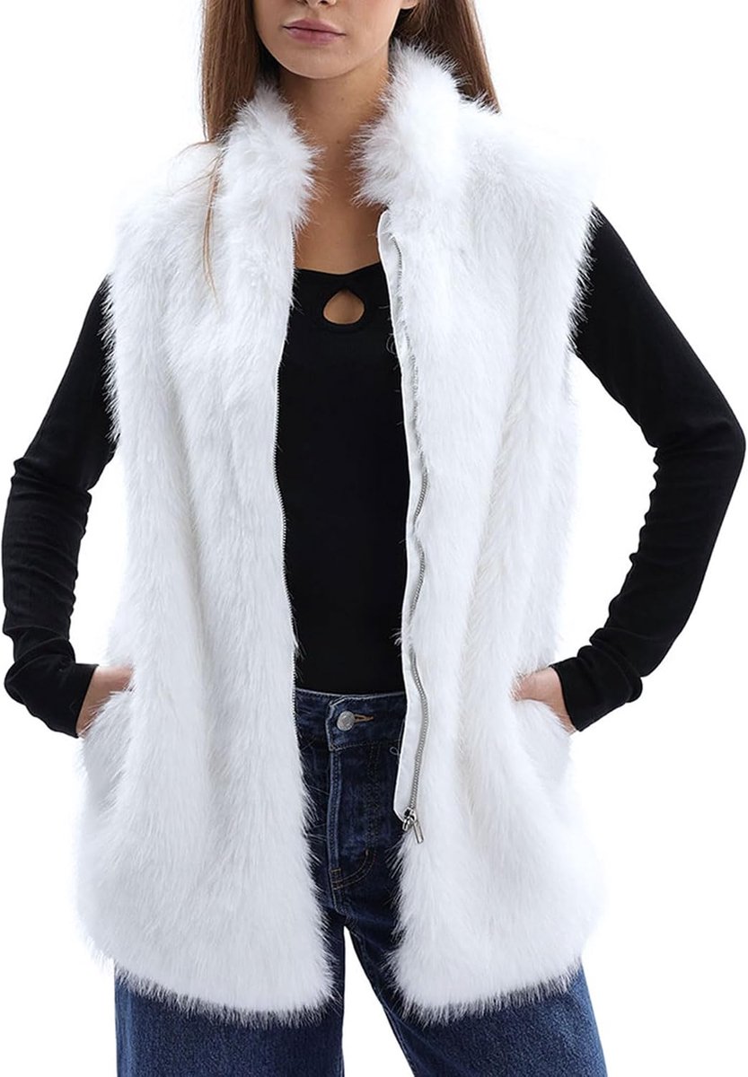 Bontvest voor dames, bontjas, lang vest, kunstbont jas, mantel winter herfst, mouwloos, pluche mantel, kunstbont, vest, elegant, damesvesten met zakken en ritssluiting