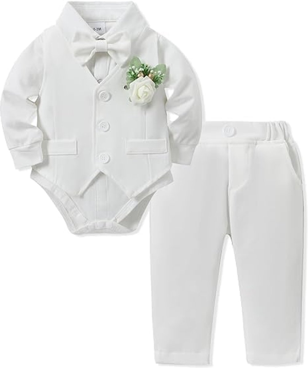 Babykleding voor jongens, 0-24 maanden, doopkleding, feestelijke bruiloftsoutfit met lange mouwen, broek + vest + vlinderdas + korset